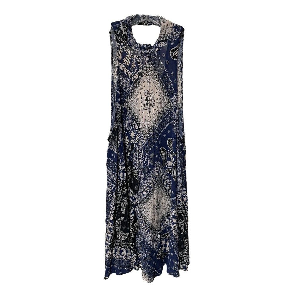 Free People Navy Blue Cream black Pattern Dress Deep V Neck‎ Short Dress